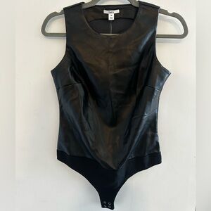 Bar lll Black Faux Leather Sleeveless leotard